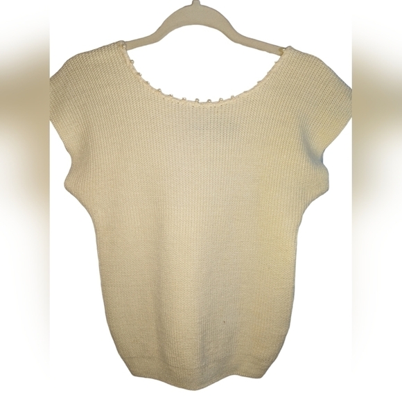 Vintage OHI Cottagecore Cap Sleeve Cream Ramie Rayon Sweater Pearl Beading Top S - Picture 5 of 7
